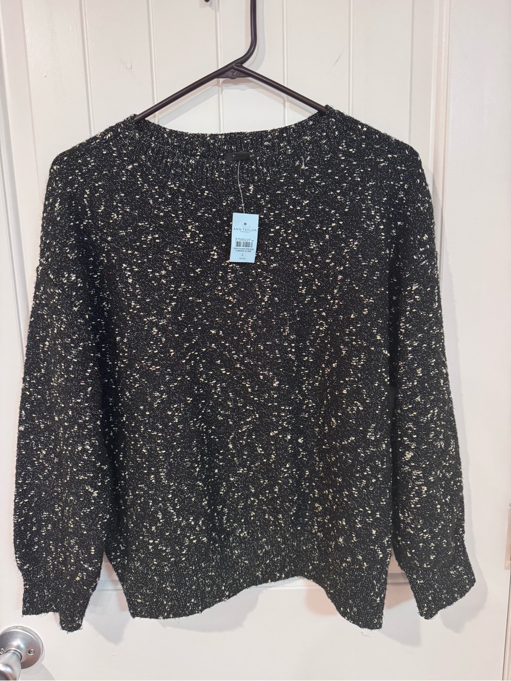 LOFT Black Speckled Crewneck Sweater with Gold Metallic Flecks